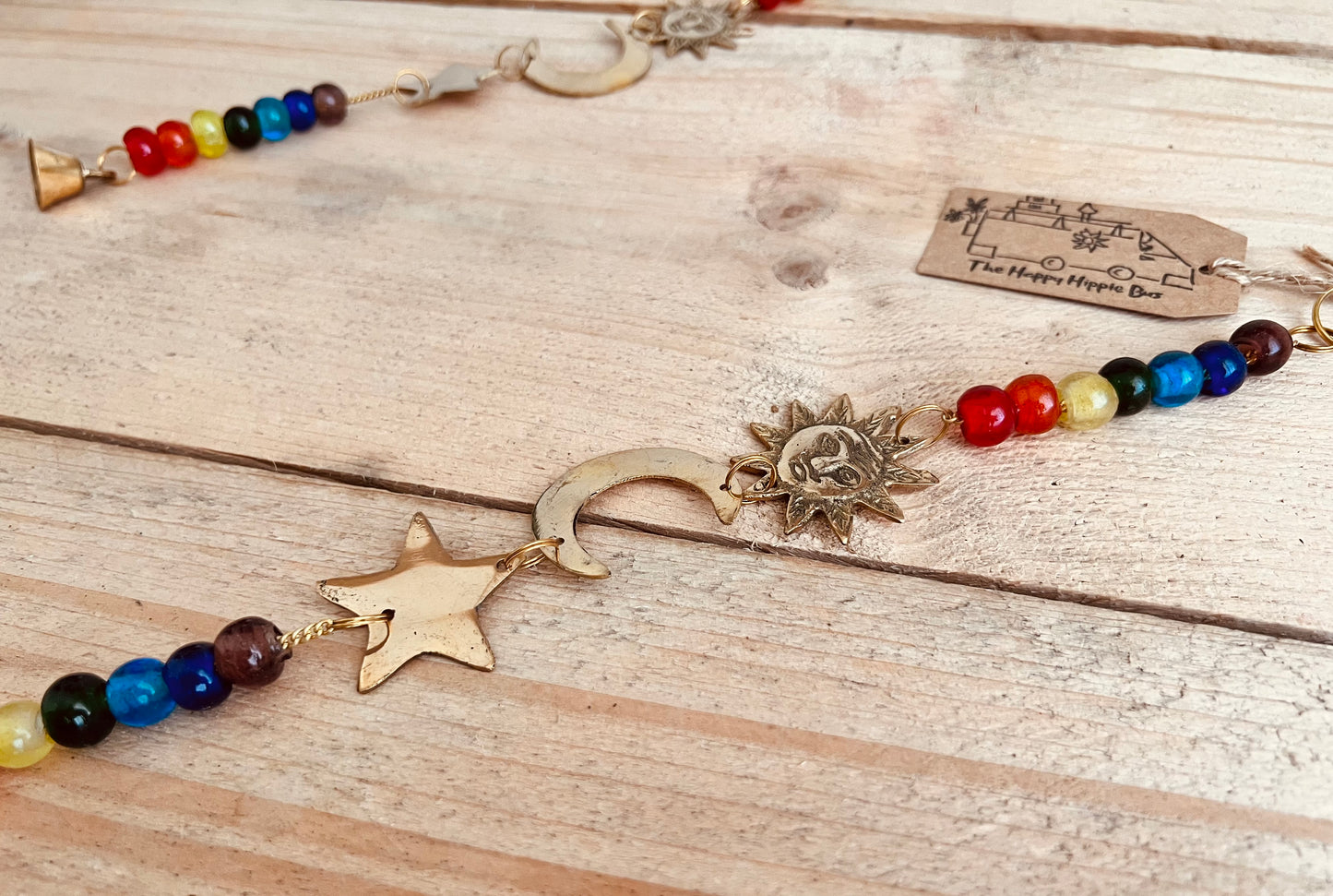 Handmade Fair Trade Ethically Sourced Recycled Brass Bohemian Hippie Hanging Bell Wind Chime Glass Beads