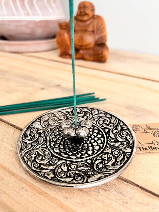 Handmade Fair Trade Silver Aluminium Incense Stick Holder With Flower Design 