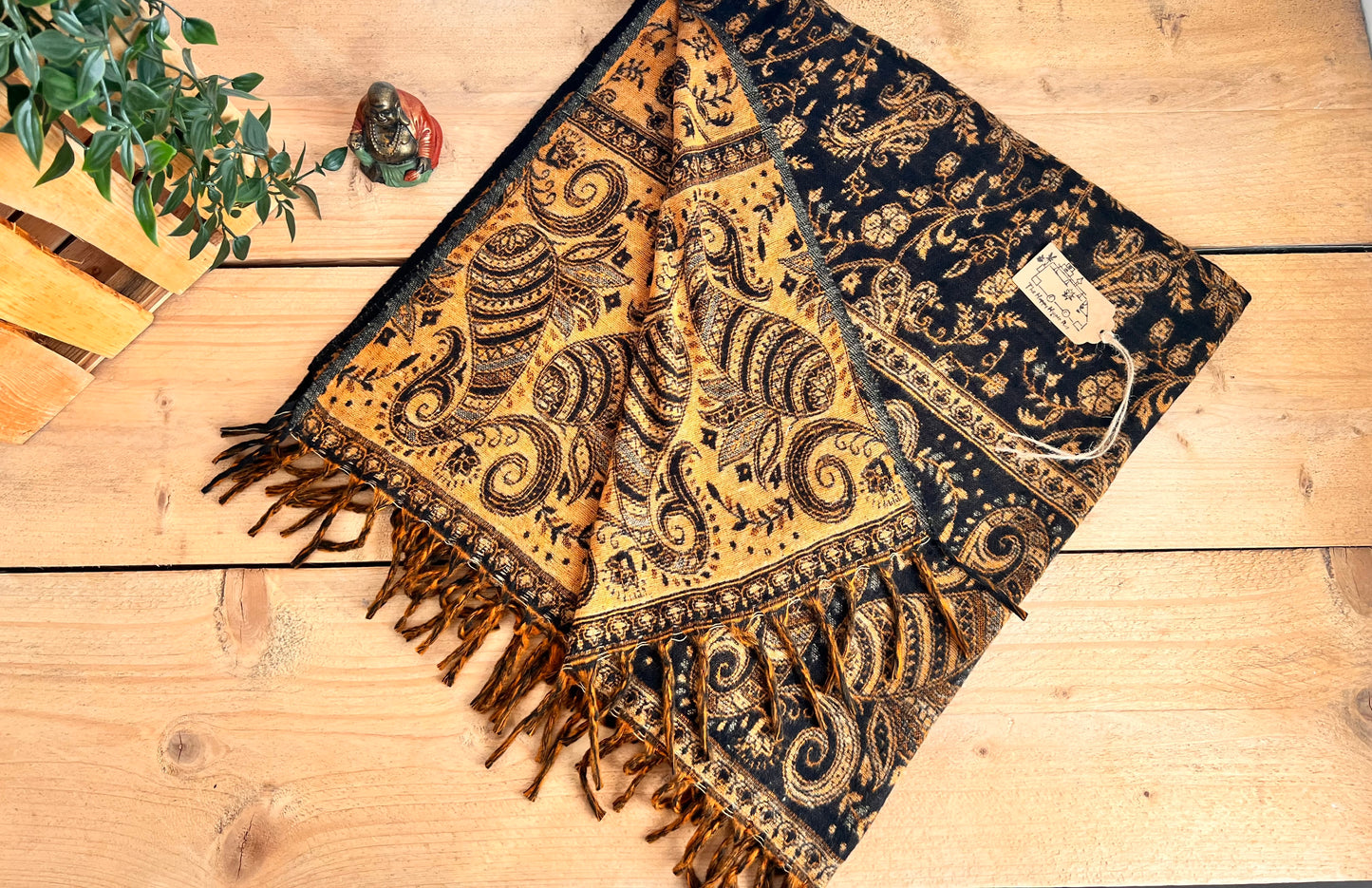Black and gold patterned scarf with fringes handmade Indian blanket