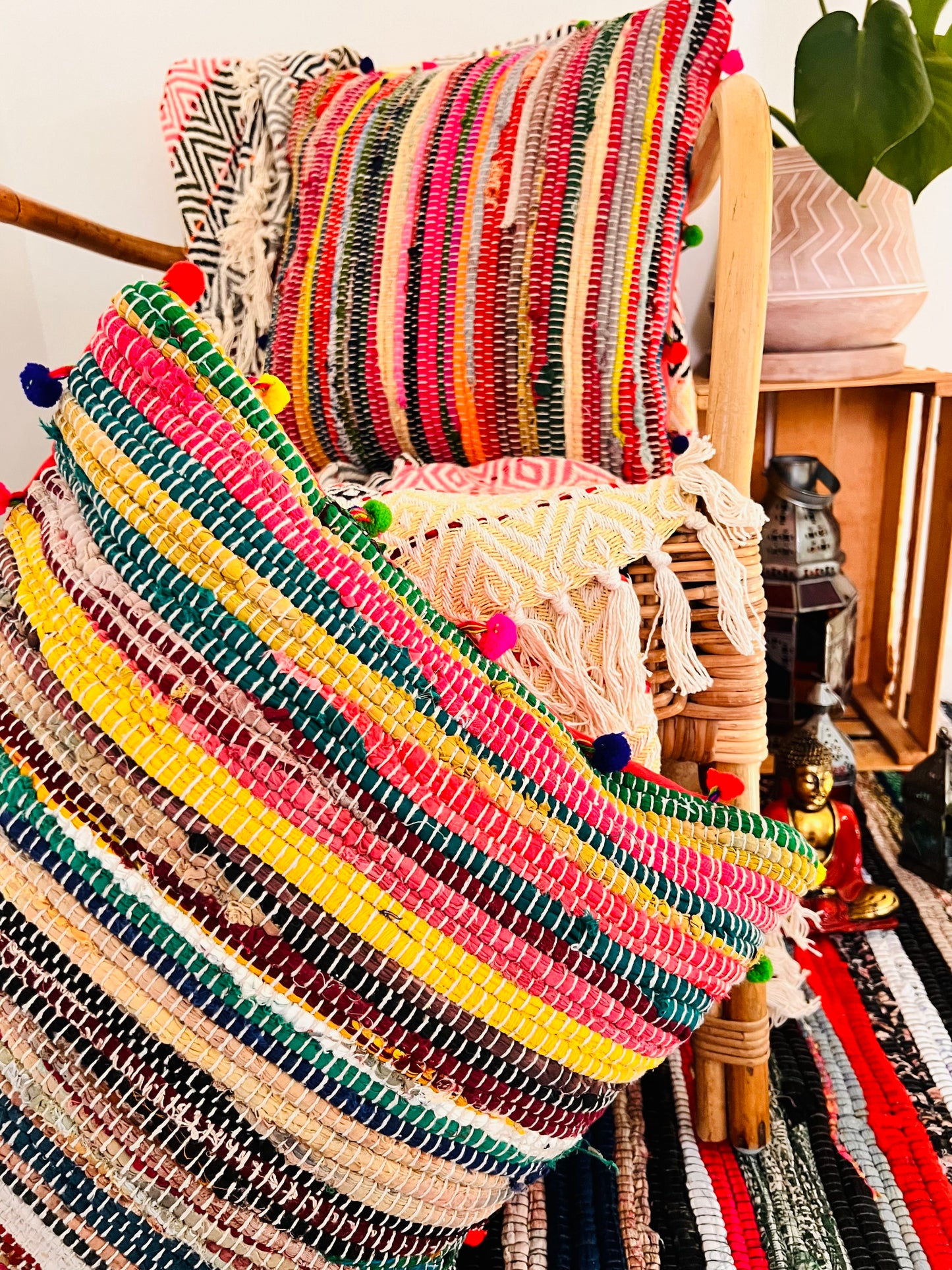Striped rag rug cushion fair trade 