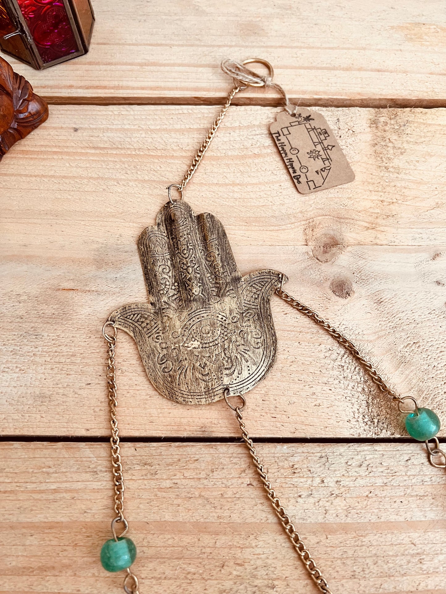 Hamsa Hand of Fatima rustic gold Indian bells with colourful beads indoor wind chime bells boho hippie home decor bells hanging chime bells, handmade recycled fair trade ethically sourced boho hippie home decor bells