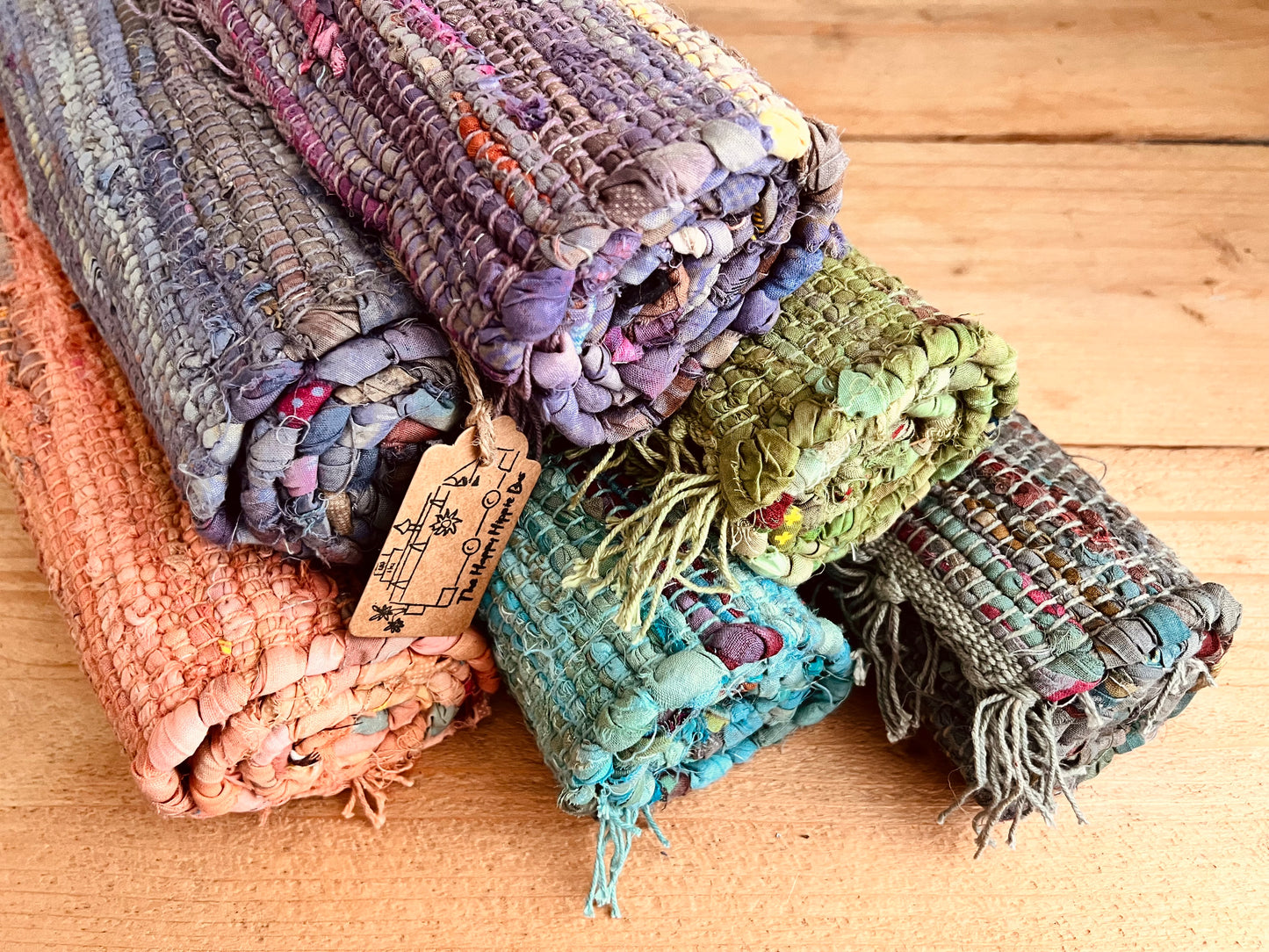 Colourful handmade fair trade ethical rag rug home tassel rug mixed colours recycled materials cotton rugs home living room bedroom hallway rug