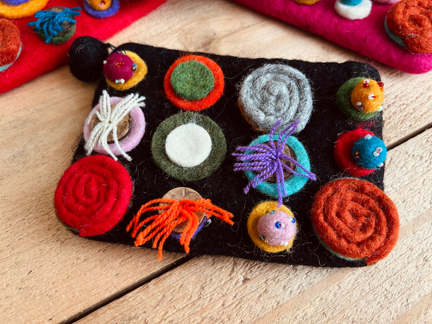 Handmade Fair Trade Ethically Sourced Bohemian Hippie Coin Purse Wallet Made From Wool Felt With Pom Poms & Zip Closure Black