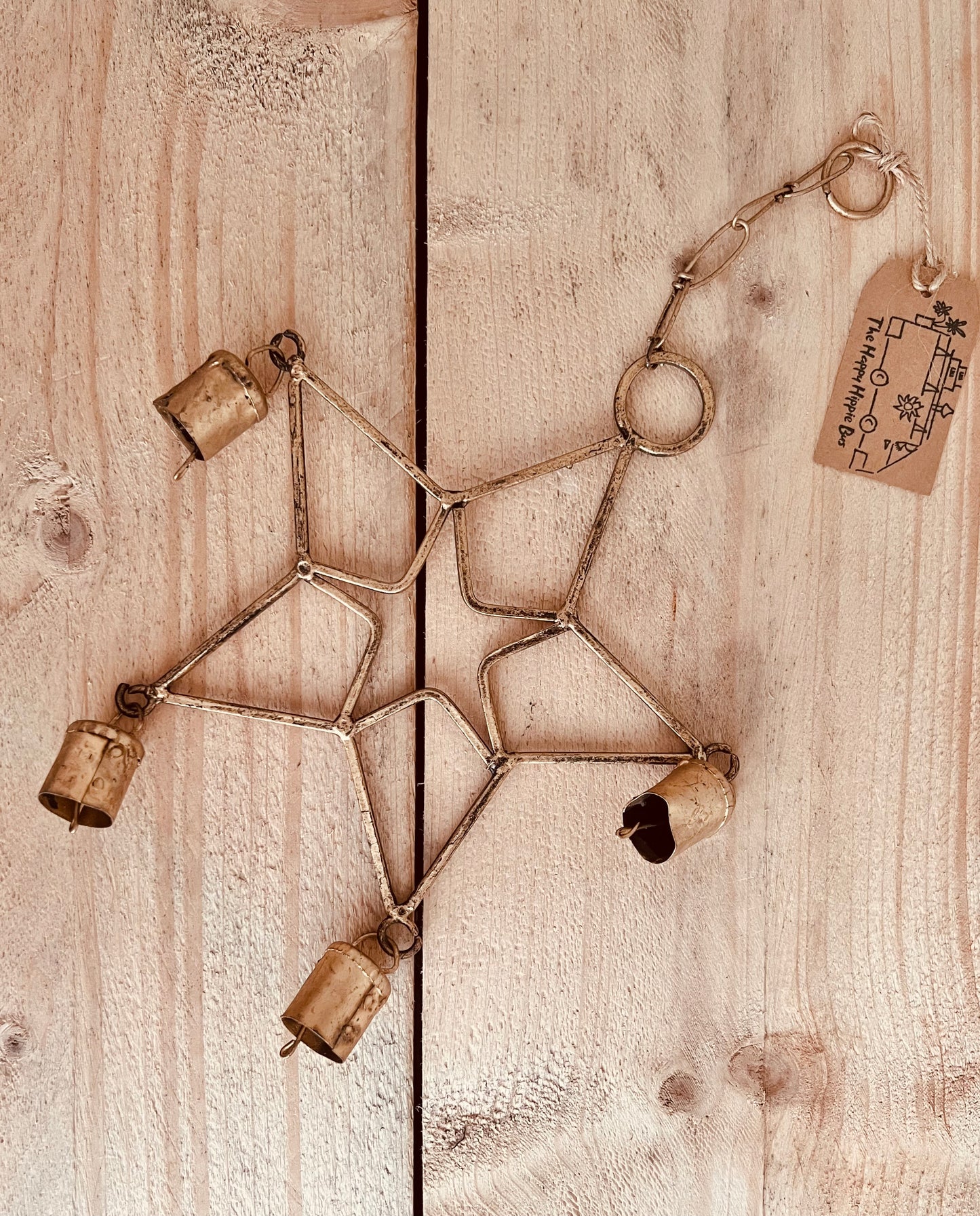 Recycled metal brass gold hanging star bells wind chime for indoor outdoor home & garden boho hippie chime bells, Gold star bells chime