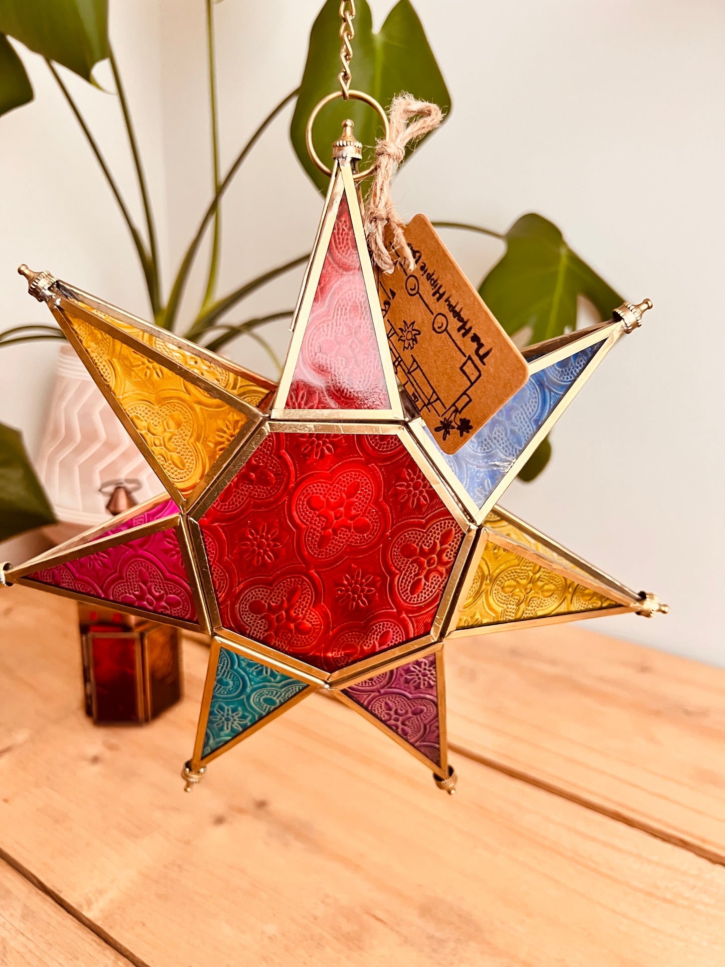 Hanging star stained glass Moroccan style colourful lantern fair trade handmade ethically sourced boho hippie home decor lantern