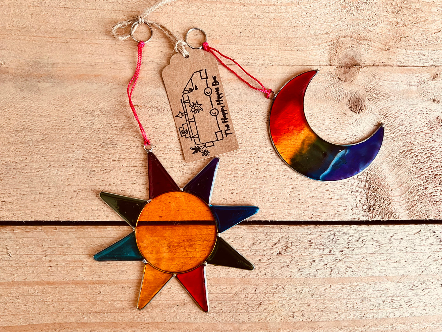 Mini resin stained glass sun and moon set of two sun catchers, boho hippie rainbow colour window decor, handmade, fair trade, ethically sourced home