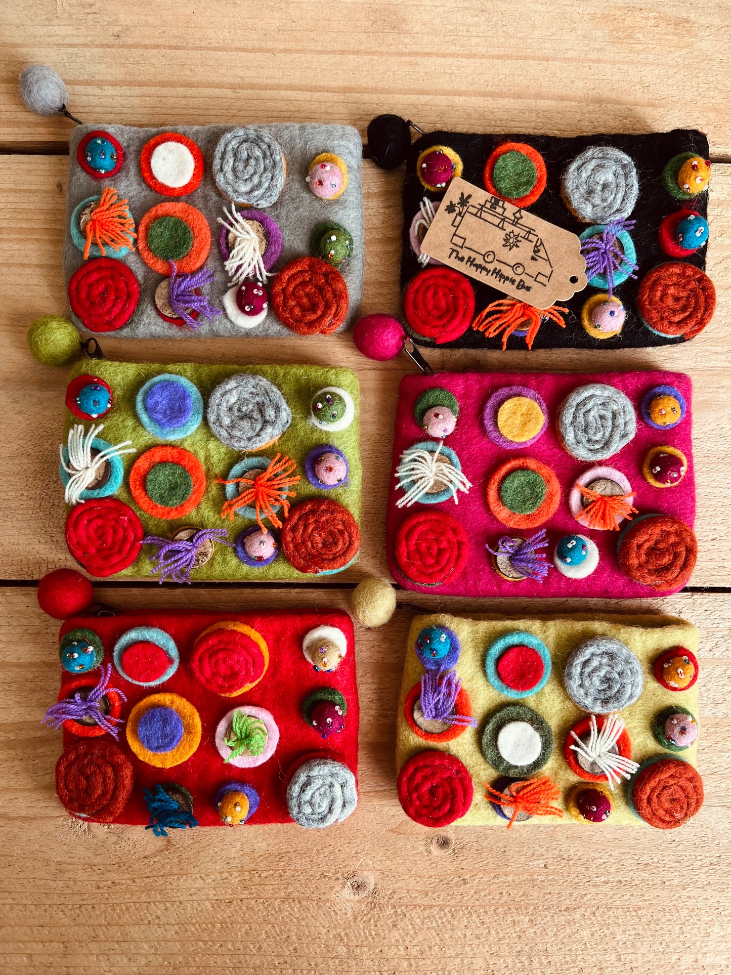 Handmade Fair Trade Ethically Sourced Bohemian Hippie Coin Purse Wallet Made From Wool Felt With Pom Poms & Zip Closure