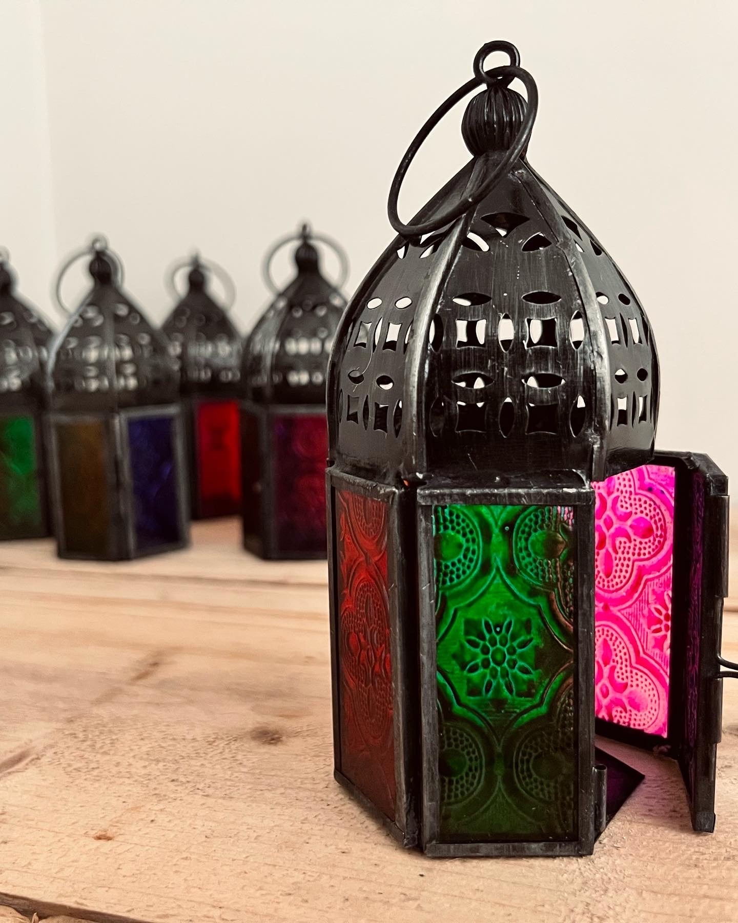 multicoloured glass Moroccan style lantern tea light holder