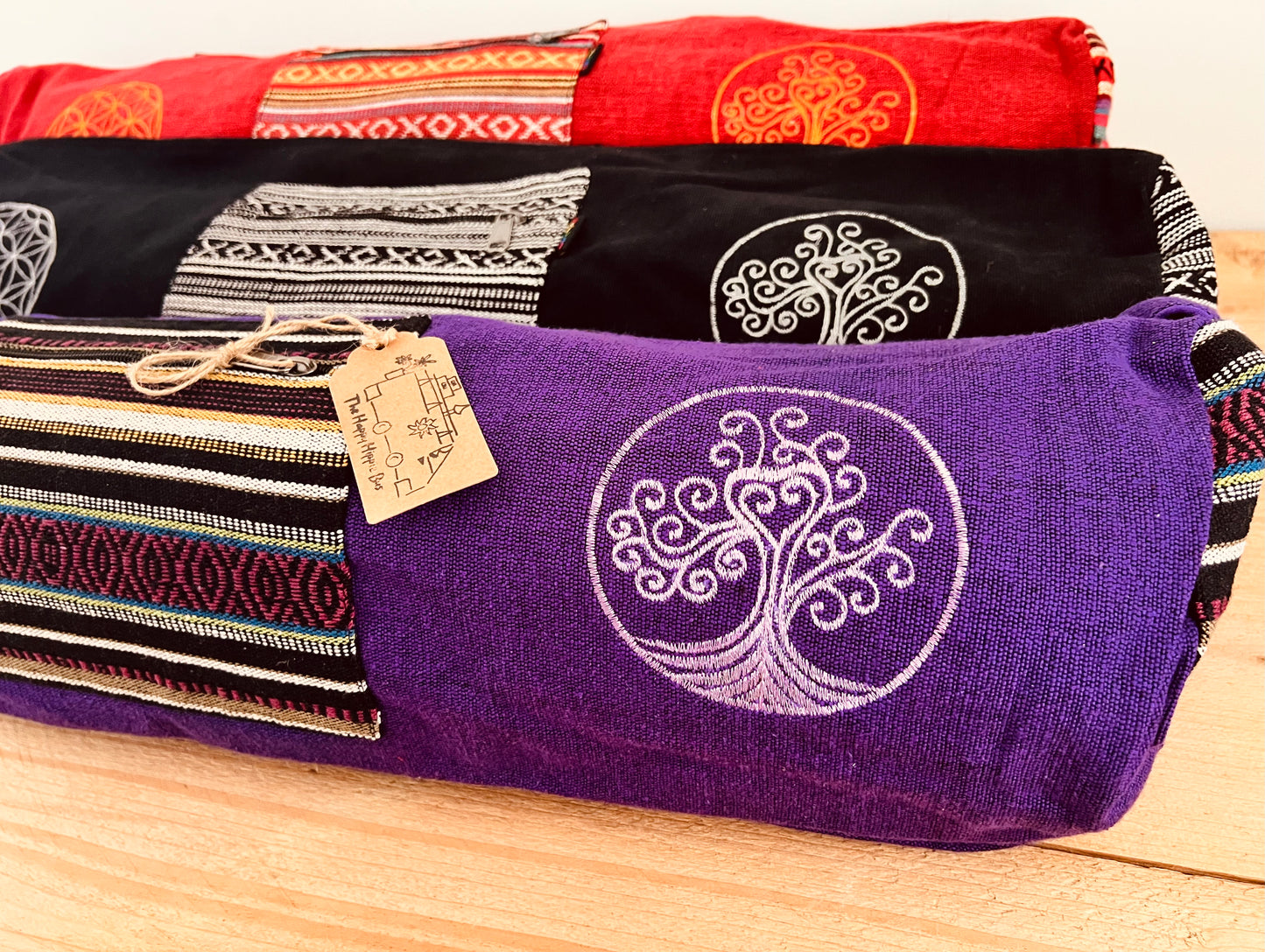 Yoga meditation Pilates exercise Mat bag carrier, exercise wellness wellbeing embroidered sports bag storage bag, boho hippie fair trade tree of life yoga mat bag bohemian handmade fair trade ethically sourced floor mat carrier bag with adjustable strap