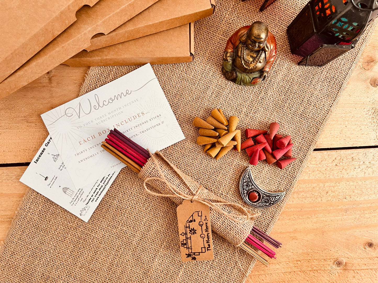 Incense subscription box with natural cones and sticks, ideal for stress relief, yoga, and mindful aromatherapy