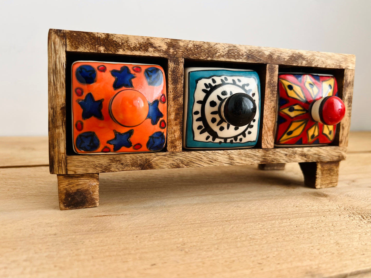 Handmade Fair Trade Ethically Sourced Bohemian Hippie Ceramic Wooden Drawers Jewellery Box Trinket Box