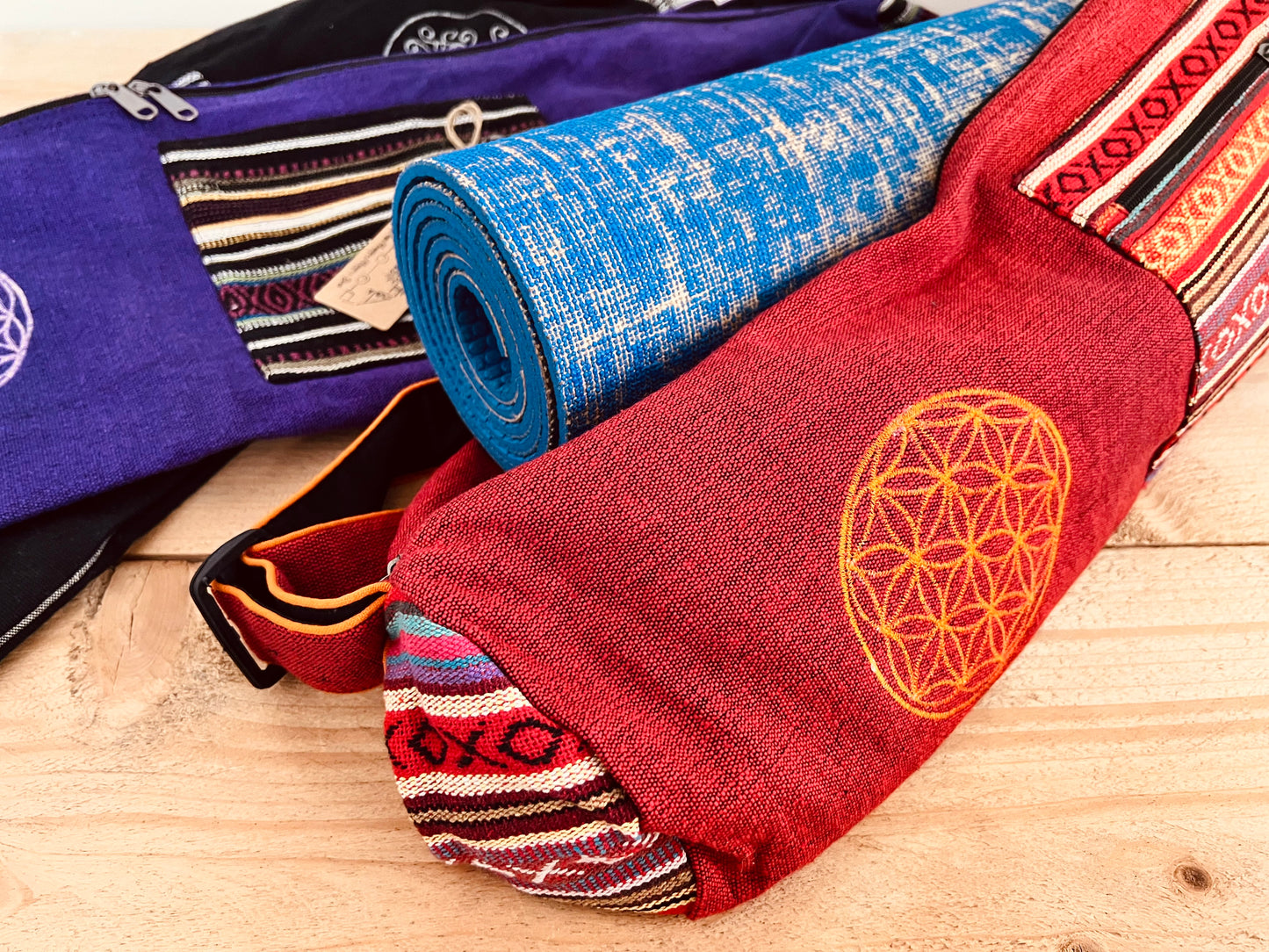 Yoga meditation Pilates exercise Mat bag carrier, exercise wellness wellbeing embroidered sports bag storage bag, boho hippie fair trade tree of life yoga mat bag bohemian handmade fair trade ethically sourced floor mat carrier bag with adjustable strap