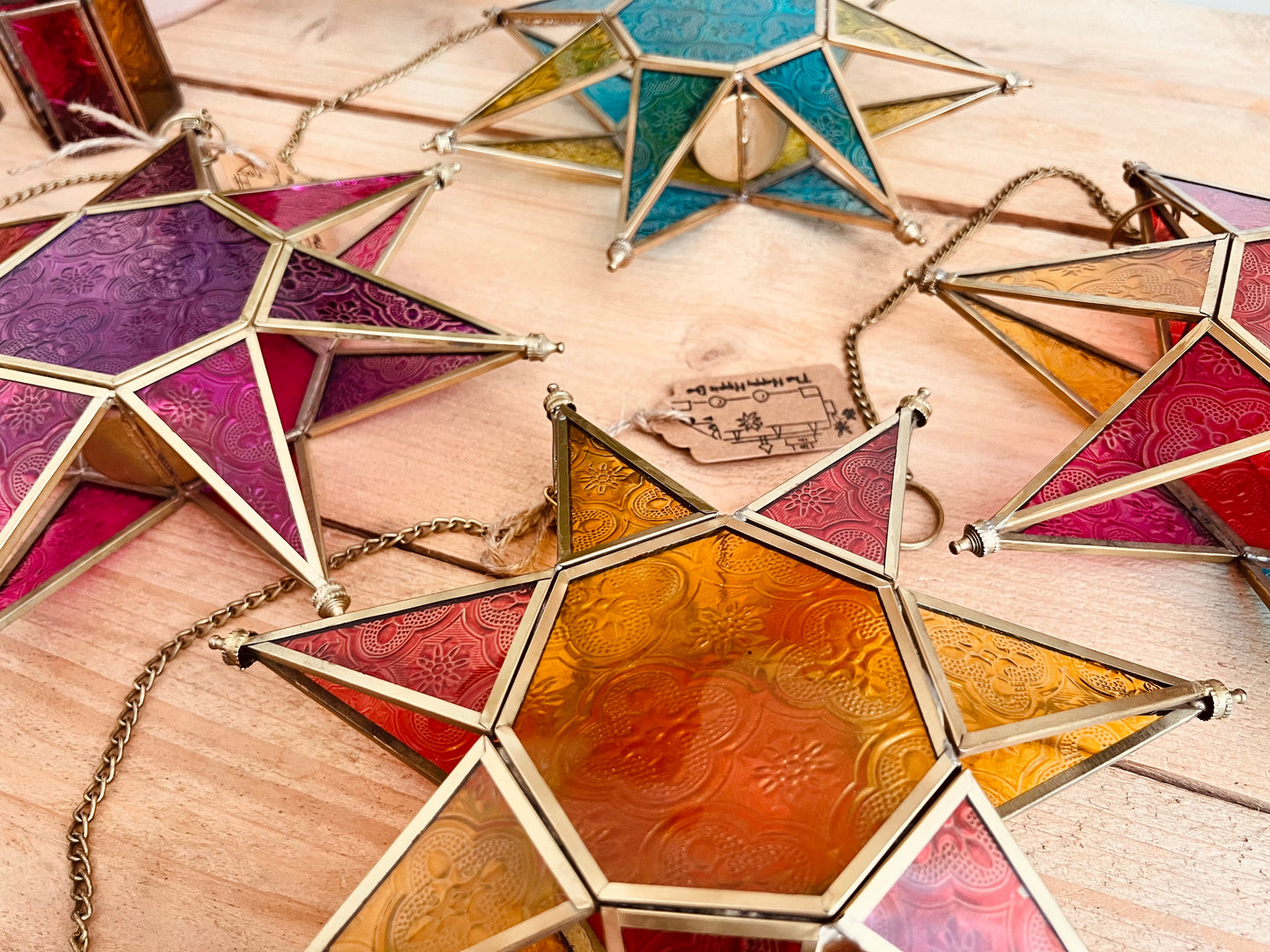 Hanging star stained glass Moroccan style colourful lantern fair trade handmade ethically sourced boho hippie home decor lantern