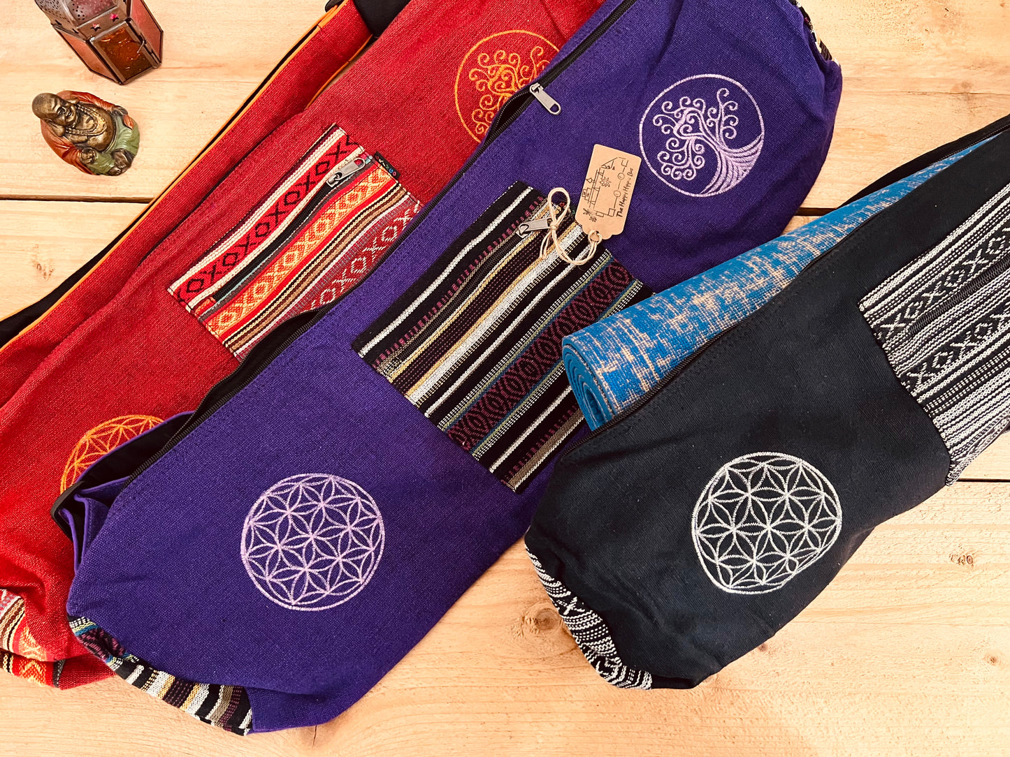 Yoga meditation Pilates exercise Mat bag carrier, exercise wellness wellbeing embroidered sports bag storage bag, boho hippie fair trade tree of life yoga mat bag bohemian handmade fair trade ethically sourced floor mat carrier bag with adjustable strap