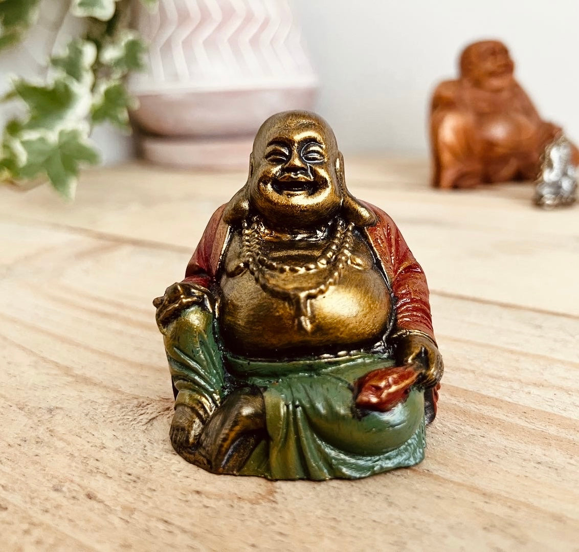 Handmade Fair Trade Laughing Gold Green Red Buddha Ornament Statue Small Bohemian Hippie Decor