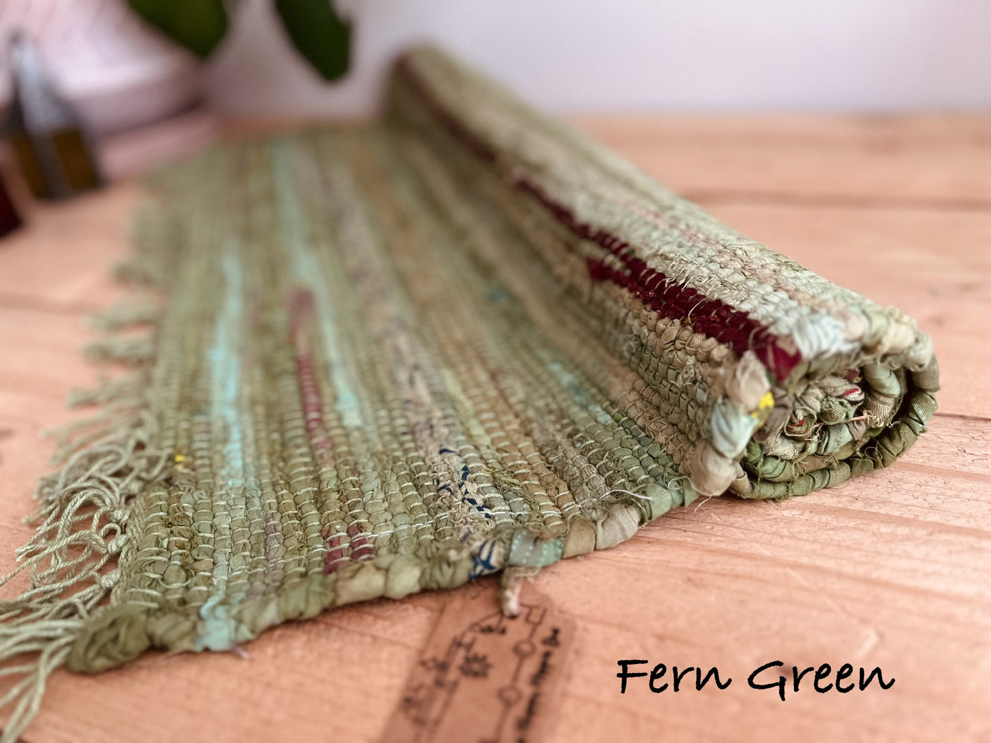 Fern Green Colourful handmade fair trade ethical rag rug home tassel rug mixed colours recycled materials cotton rugs home living room bedroom hallway rug