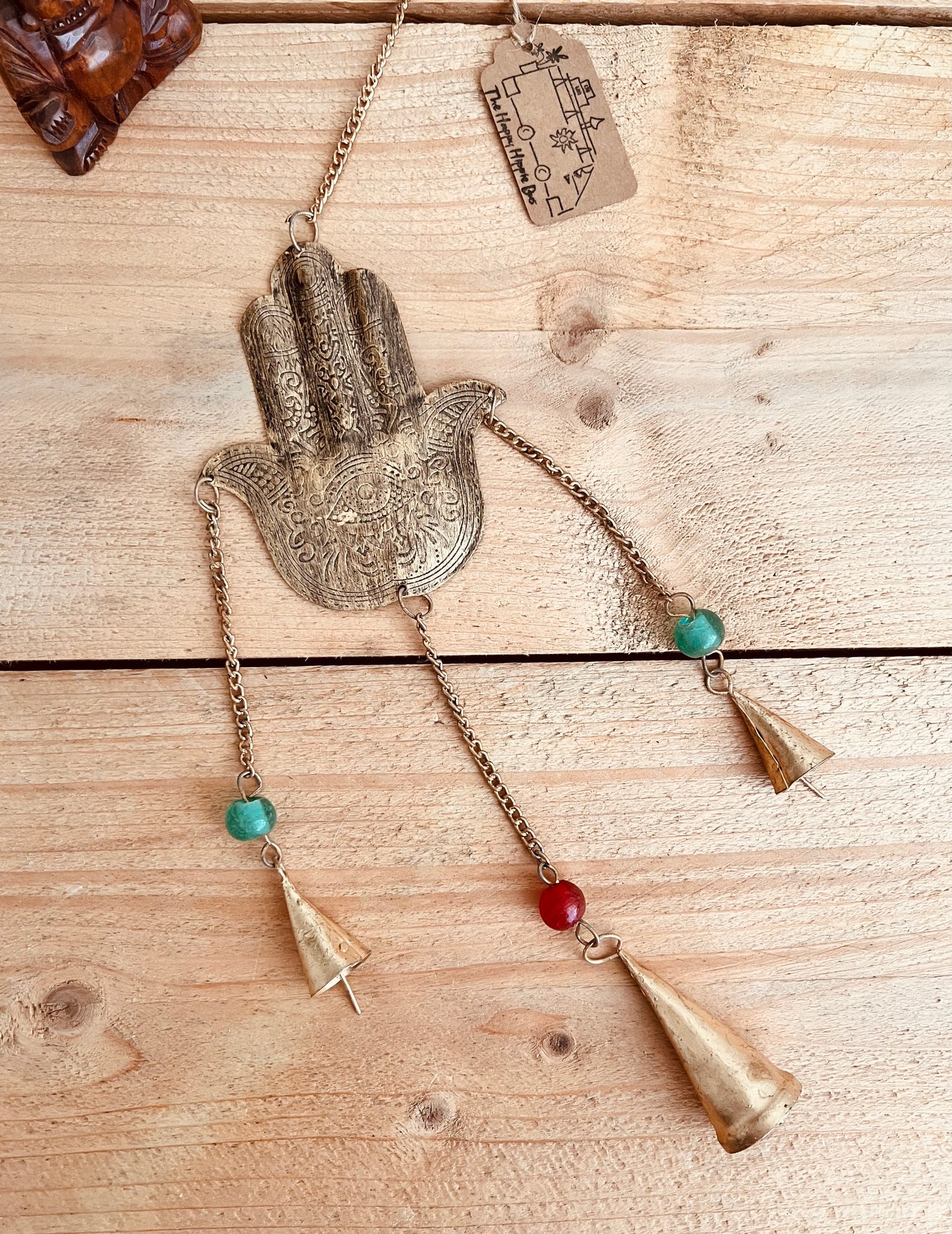 Hamsa Hand of Fatima rustic gold Indian bells with colourful beads indoor wind chime bells boho hippie home decor bells hanging chime bells, handmade recycled fair trade ethically sourced boho hippie home decor bells