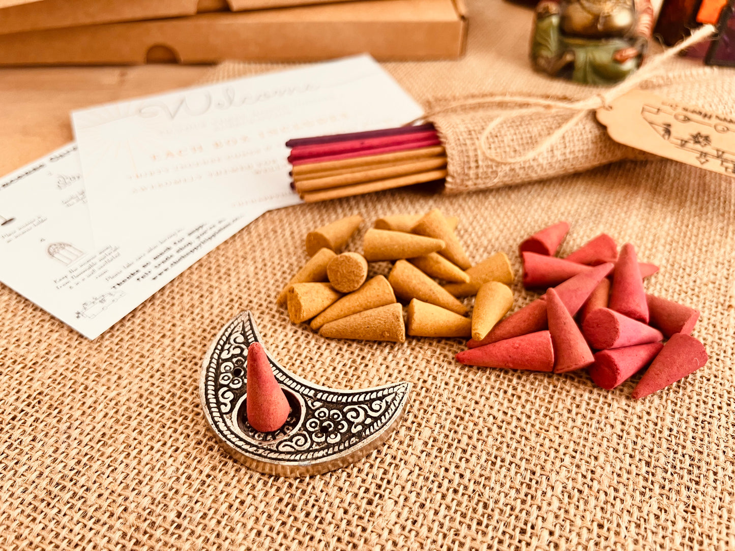Monthly incense delivery box with artisan sticks and cones, designed for meditation, self-care, and relaxation