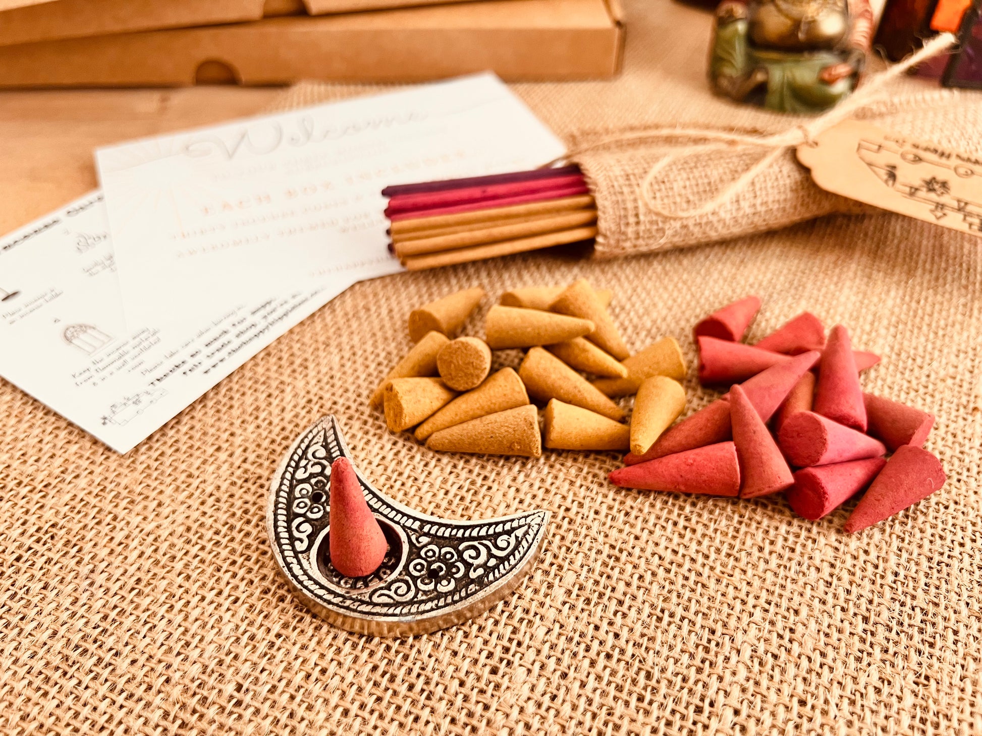 Monthly incense delivery box with artisan sticks and cones, designed for meditation, self-care, and relaxation