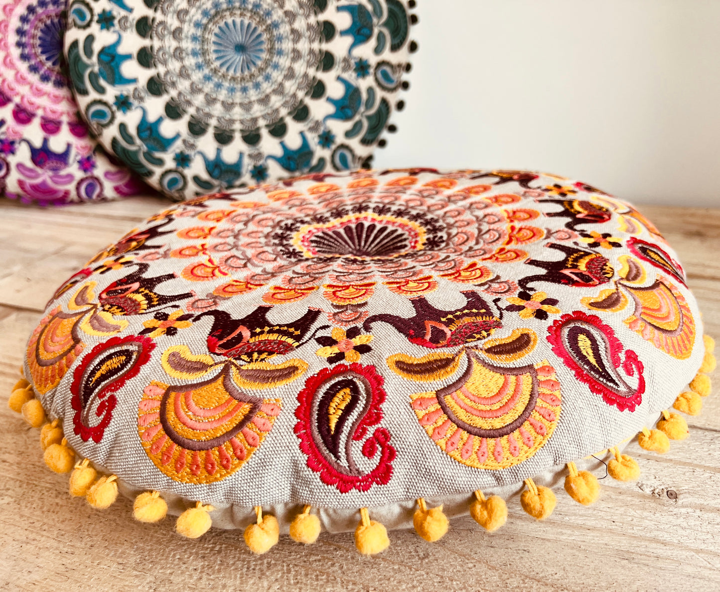Handmade, Fair Trade Embroidered Yoga Meditation Cushion With Mandala Elephant Design