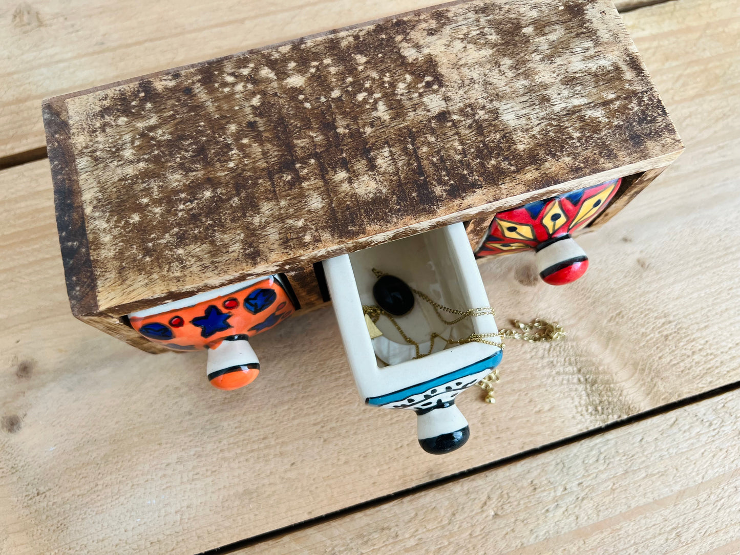 Handmade Fair Trade Ethically Sourced Bohemian Hippie Ceramic Wooden Drawers Jewellery Box Trinket Box