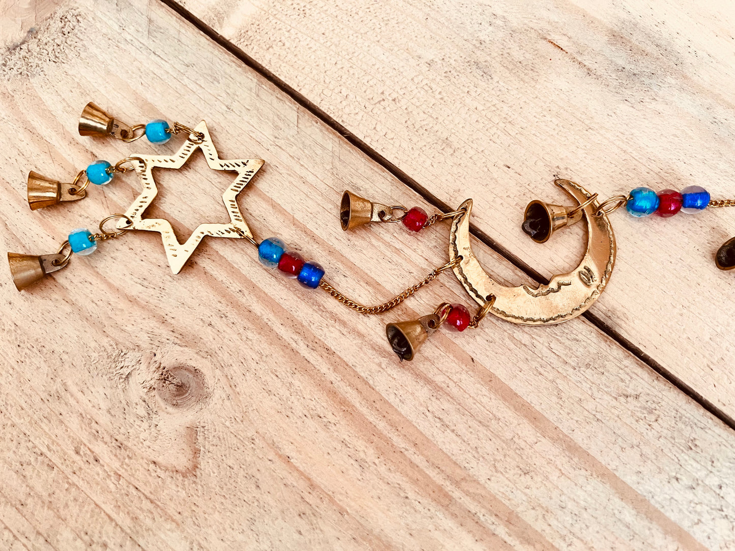 Brass Sun Crescent Moon star bells windchime glass beads wind chime recycled eco brass Indian bells fair trade handmade