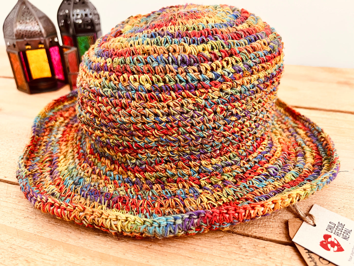 Handmade fair trade ethical hemp rainbow multicolour festival hat, hats & accessories, boho hippie bohemian unisex hats, boho hippie chic beach festival sun hats
