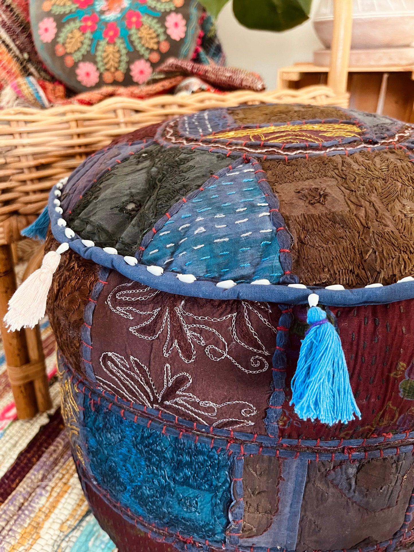 Indian fair trade indigo blue footstool pouffe pouf 