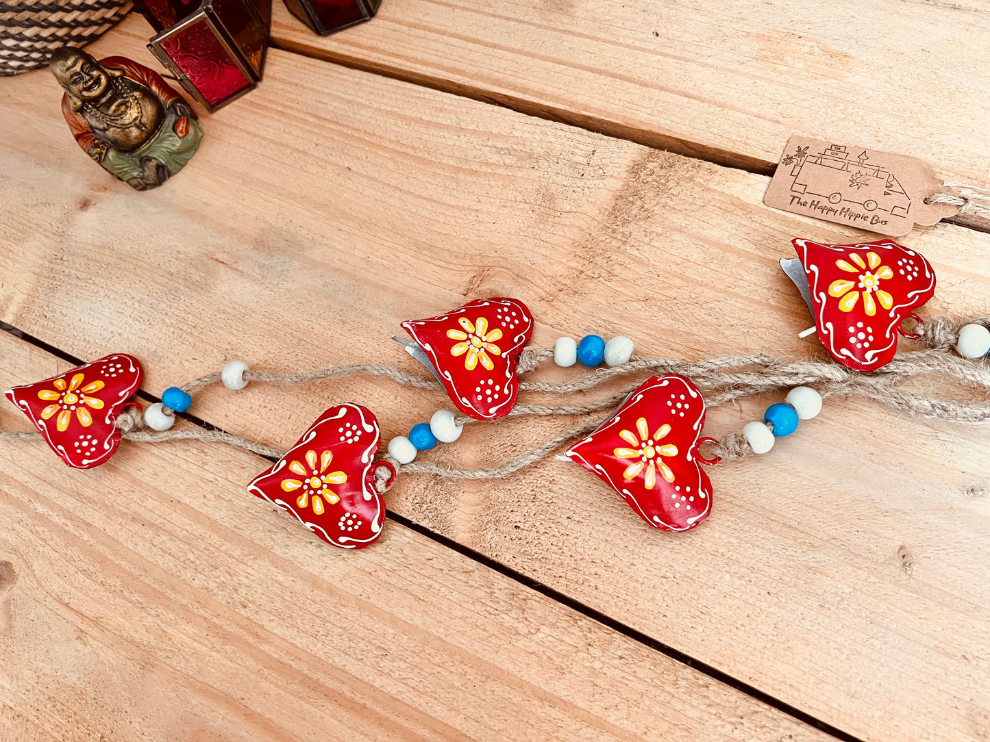 Hand painted red & yellow heart shaped metal bells wind chime on jute twine with glass beads, hanging home living decor bells chime, handmade, fair trade, ethically sourced string of Indian bells