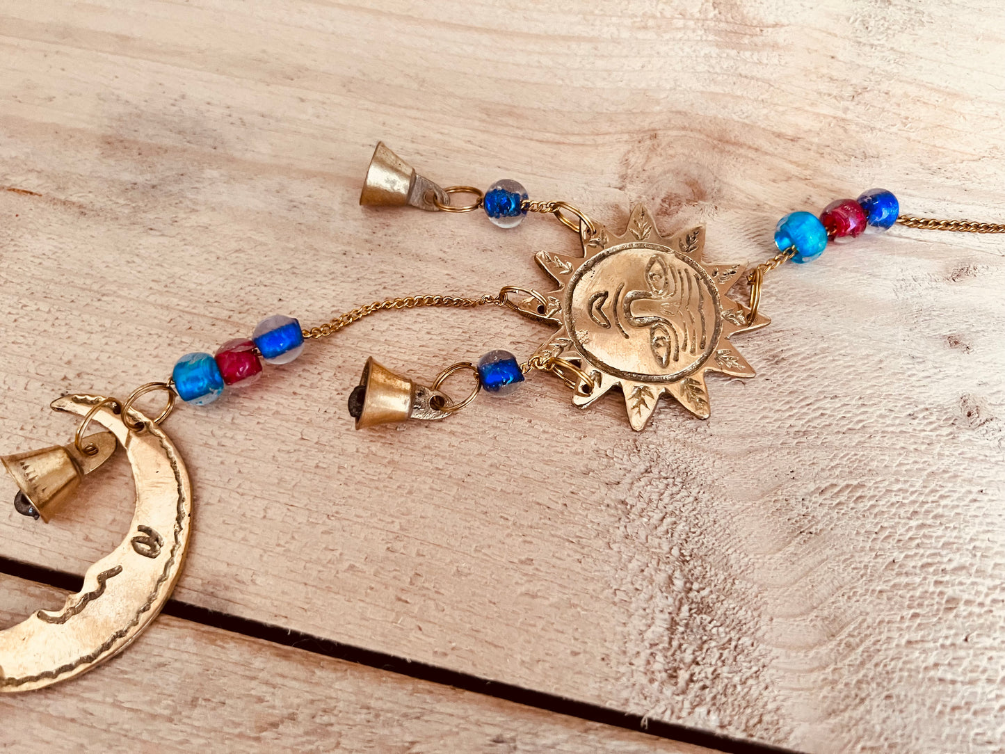 Brass Sun sunshine Crescent Moon star bells windchime wind chime recycled eco brass Indian bells fair trade handmade