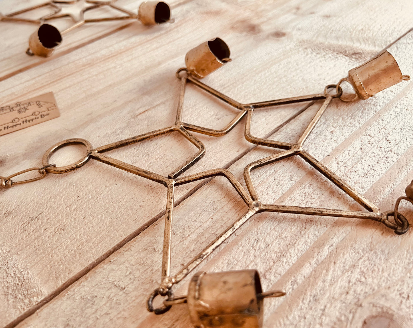 Recycled metal brass gold hanging star bells wind chime for indoor outdoor home & garden boho hippie chime bells, Gold star bells chime