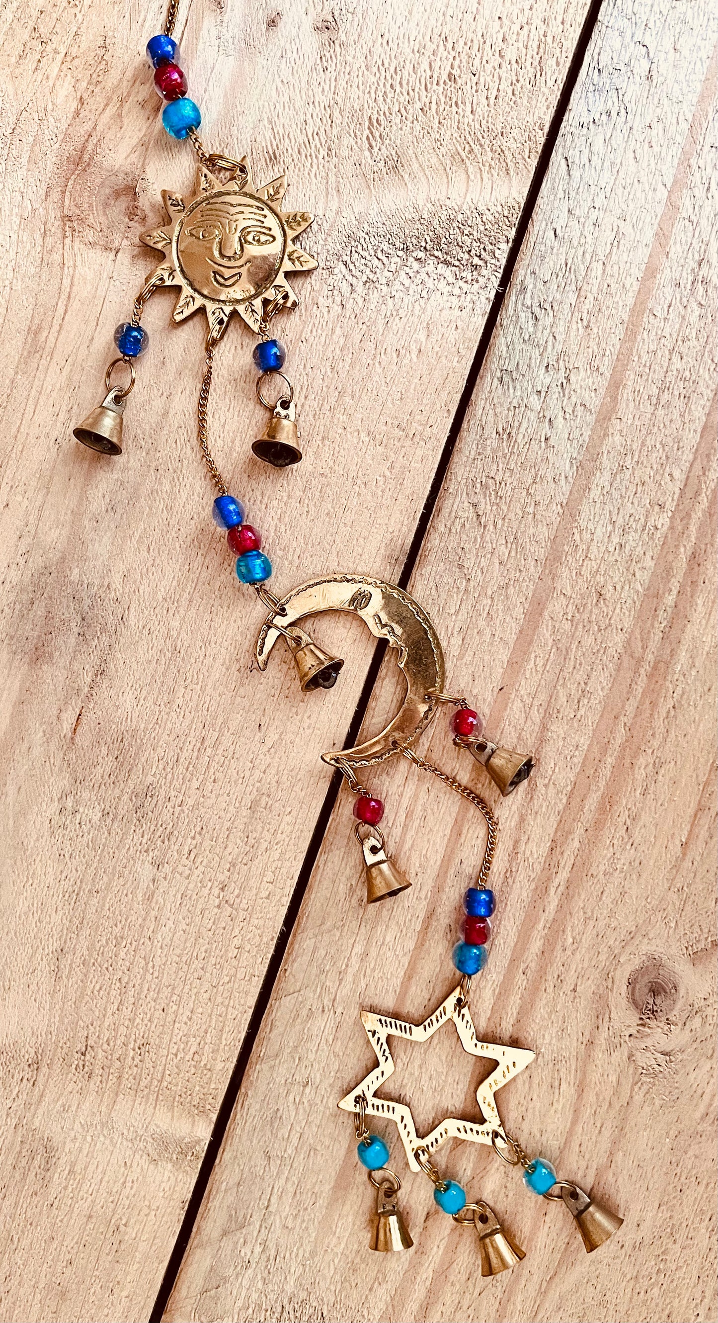 Brass Sun Crescent Moon star bells windchime wind chime recycled eco brass Indian bells fair trade handmade