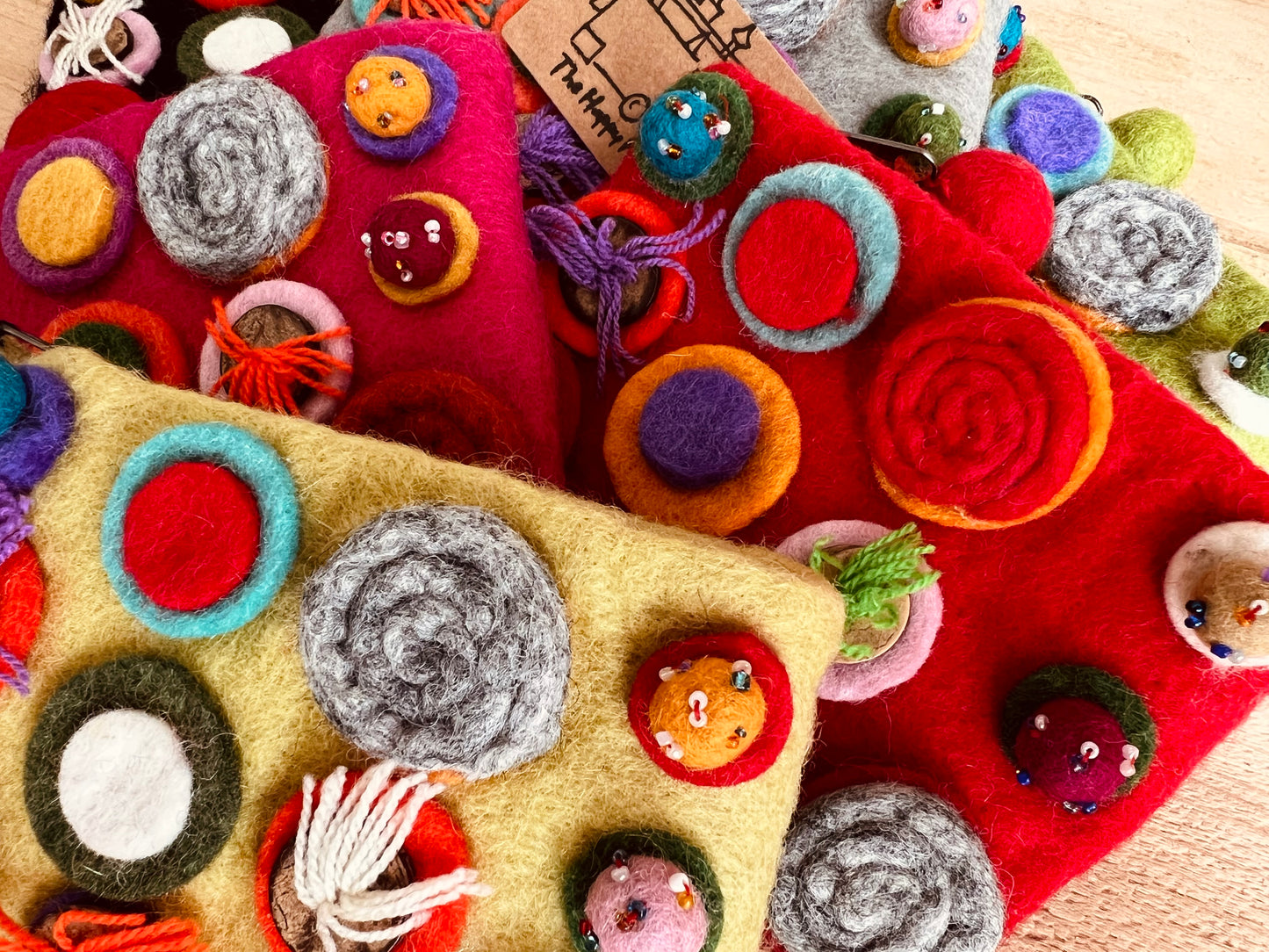 Handmade Fair Trade Ethically Sourced Bohemian Hippie Coin Purse Wallet Made From Wool Felt With Pom Poms & Zip Closure