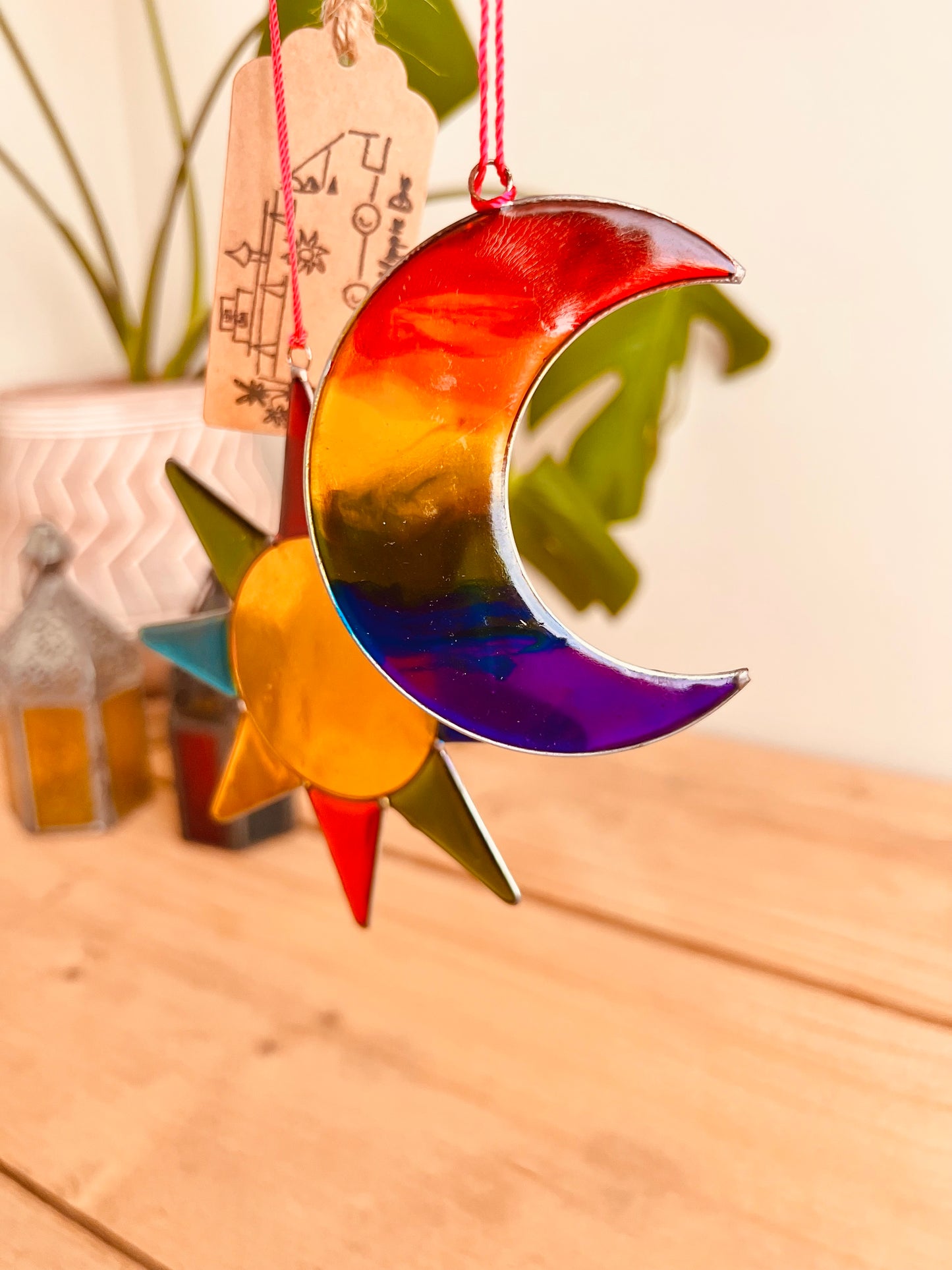 Mini resin stained glass sun and moon set of two sun catchers, boho hippie rainbow colour window decor, handmade, fair trade, ethically sourced home