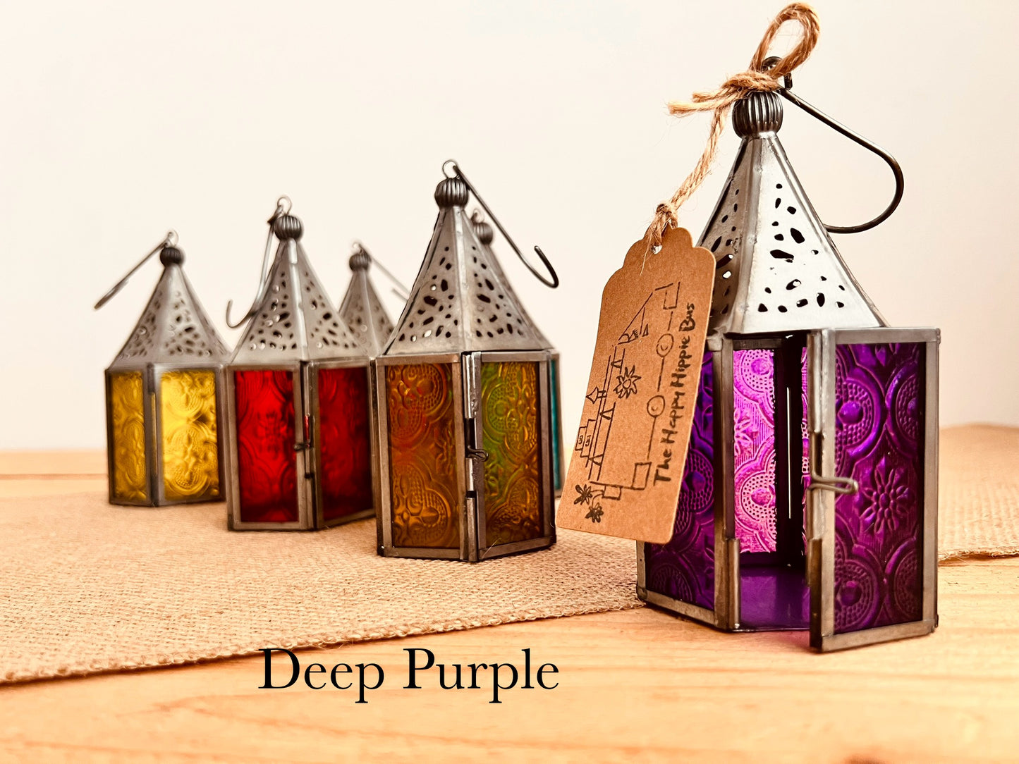 Handmade Fair Trade Ethically Sourced Recycled Metal Glads Lantern Moroccan Style T Light Holder Small Colourful Boho Hippie Decor Orange Purple Green Blue Purple Yellow Pink Red Silver Mini Lantern