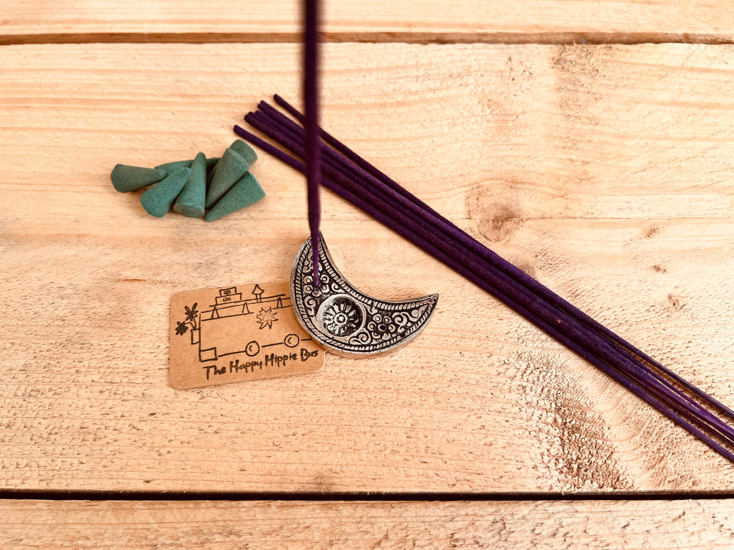 Crescent moon mini metal recycled incense stick cone holder burner fair trade handmade ethically sourced incense holder