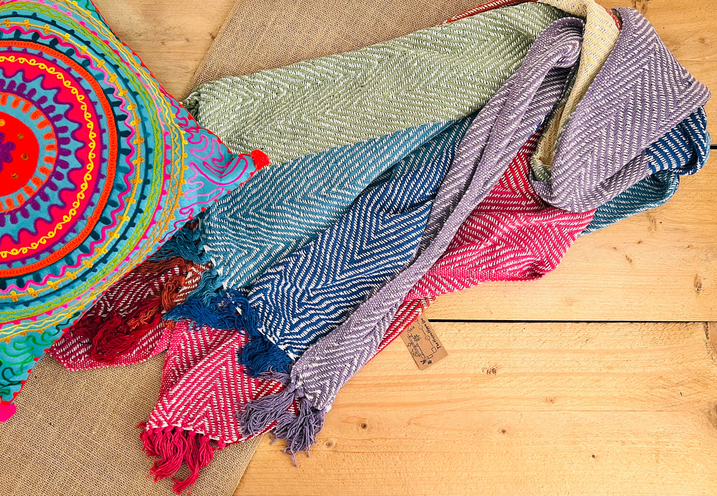 Herringbone weave handmade rainbow stripe throw blanket, colourful rainbow colour stripes with colourful tassel edge, boho hippie bohemian decor blanket throw, fair trade & ethically sourced