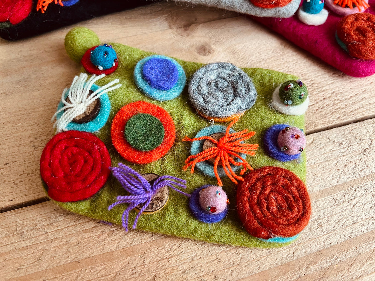 Handmade Fair Trade Ethically Sourced Bohemian Hippie Coin Purse Wallet Made From Wool Felt With Pom Poms & Zip Closure Lime