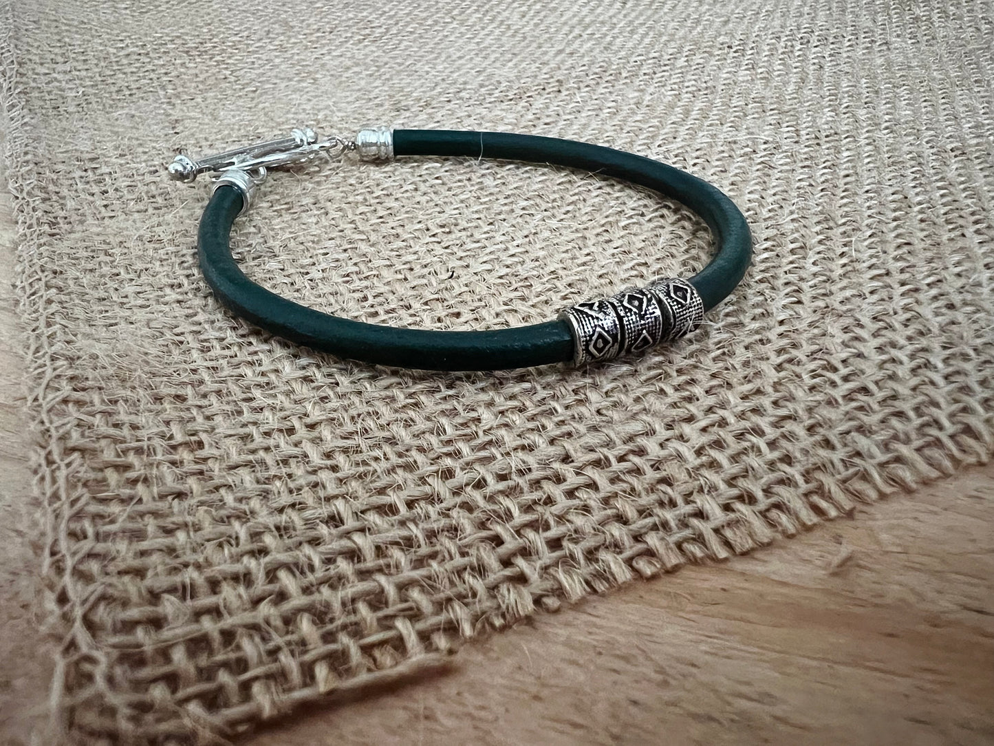 Handmade & Fair Trade Forest Green Cord Bracelet Uni Sex With Silver Beads Surfer Bohemian Style