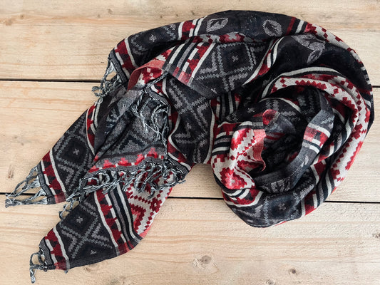 charcoal & red bohemian scarf