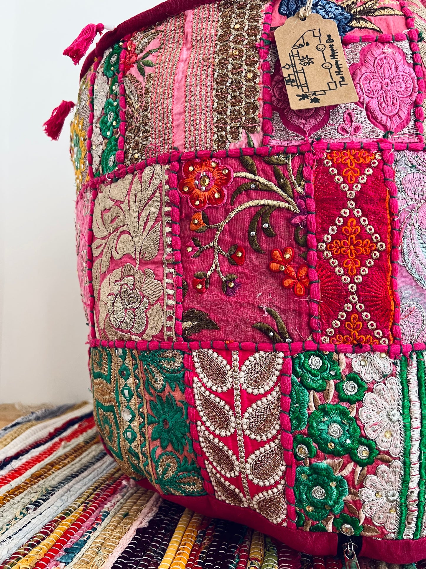 Handmade Fair Trade Recycled Patchwork Pink Footstool Pouffe Bohemian Hippie