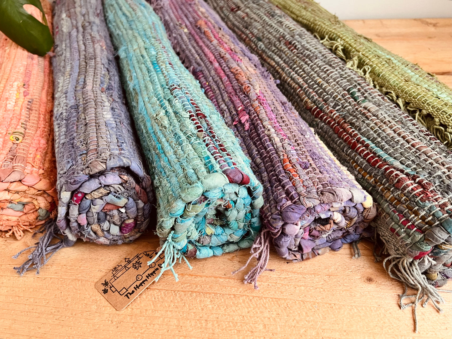 Colourful handmade fair trade ethical rag rug home tassel rug mixed colours recycled materials cotton rugs home living room bedroom hallway rug