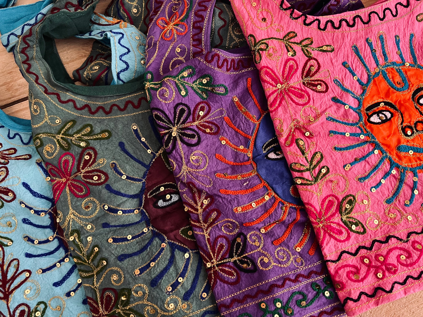 Handmade Fair Trade Hand Embroidered Smiling Indian Sun Shoulder Bag Festival Travel Bohemian Bag