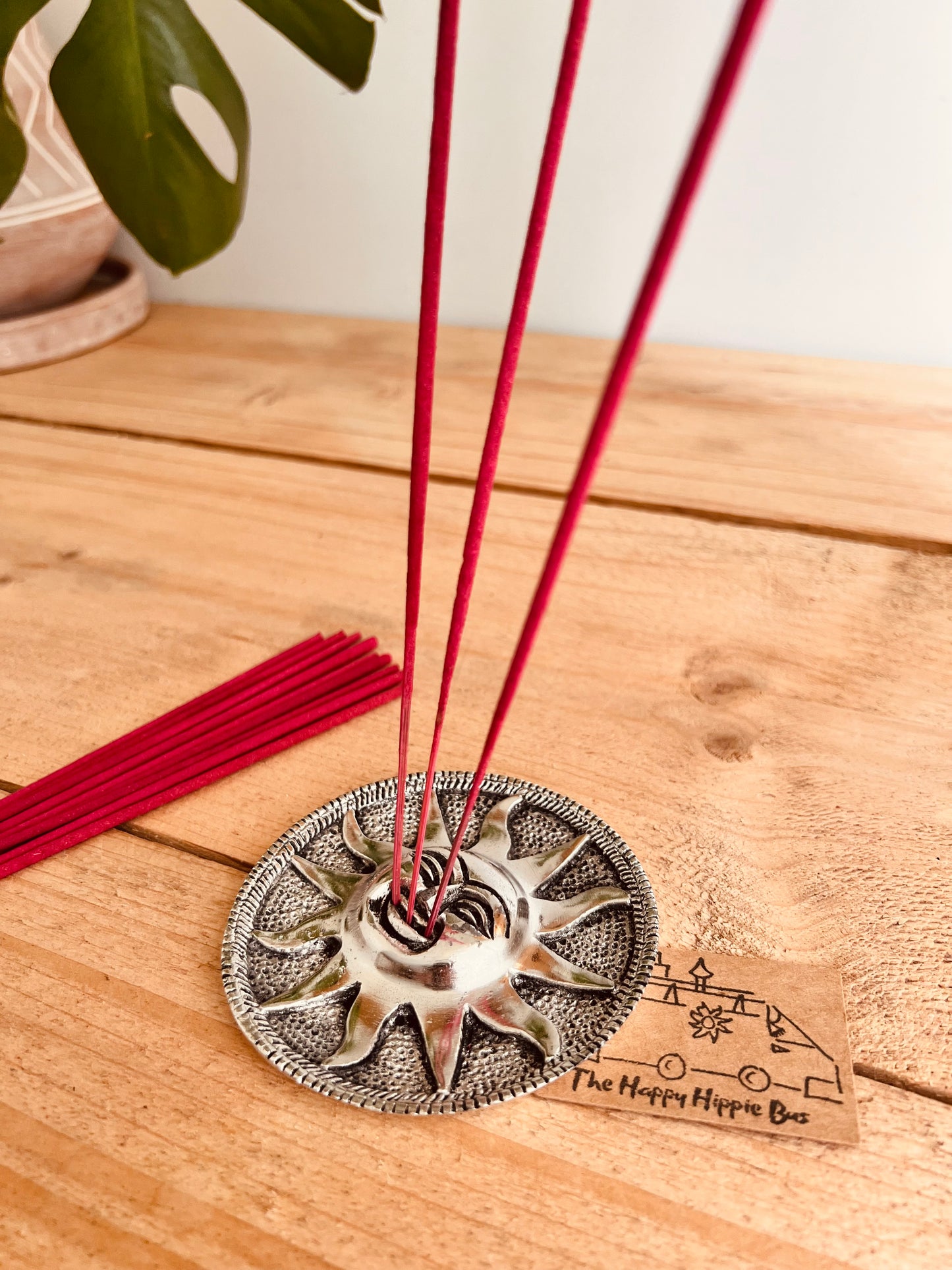 Metal Sun sunshine incense stick holder incense burner ash catcher handmade fair trade ethical recycled metal incense stick holder tray hippie boho Indian incense