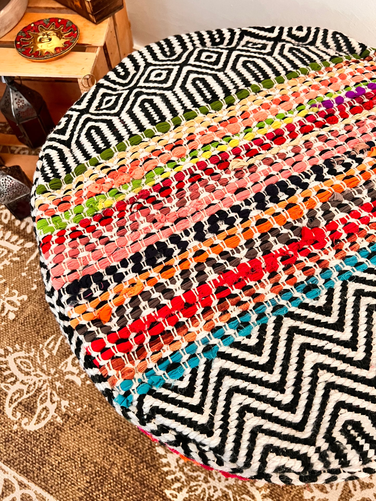Rainbow striped footstool pouffe fair trade