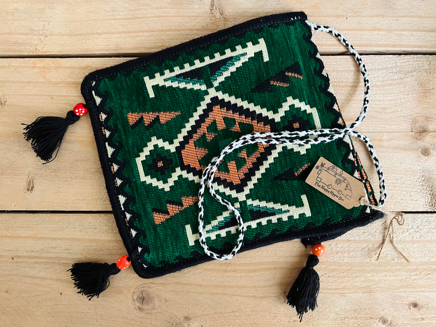 Handmade Fair Trade Ethically Sourced Turkish Shoulder Bag Forest Green Orange Wooden Beads Kilim Bag Bohemian Hippie