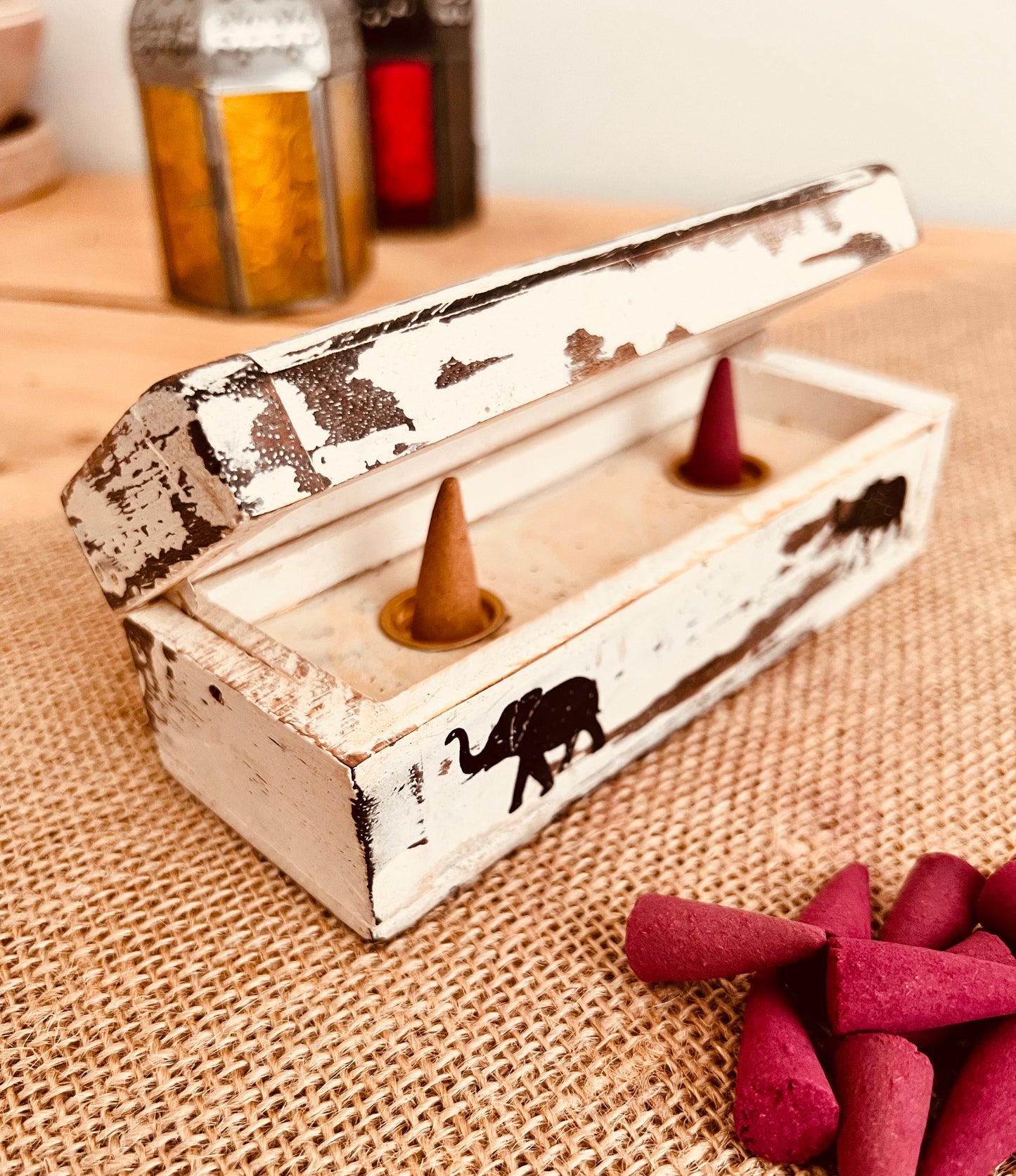 White washed small wooden incense cone burner box incense holder handmade fair trade ethically sourced incense cone box
