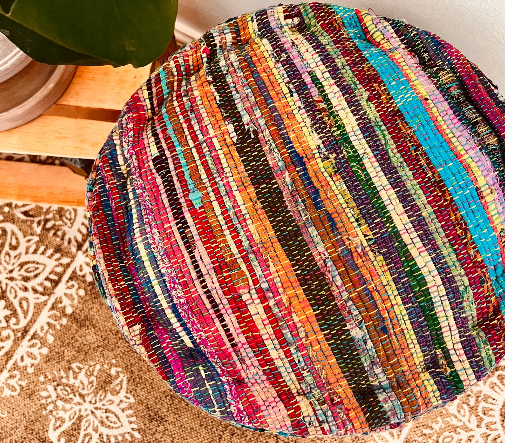 Fair trade handmade boho recycled fabric footstool pouffe 