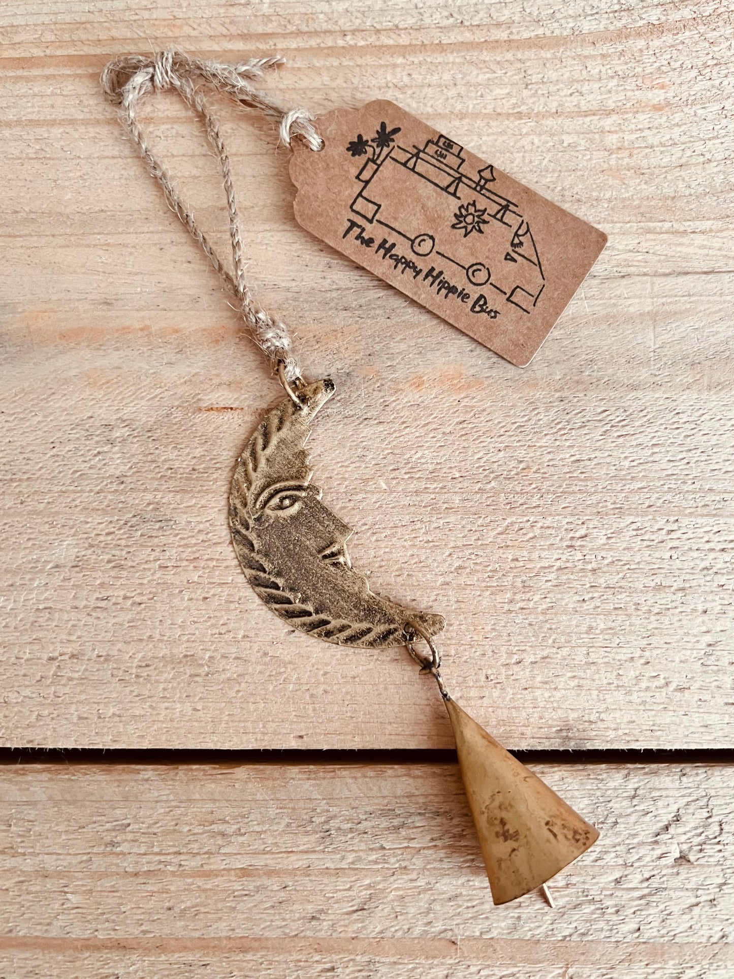 Handmade & Fair Trade Crescent Moon With Face Brads Hanging Bell Wind Chime