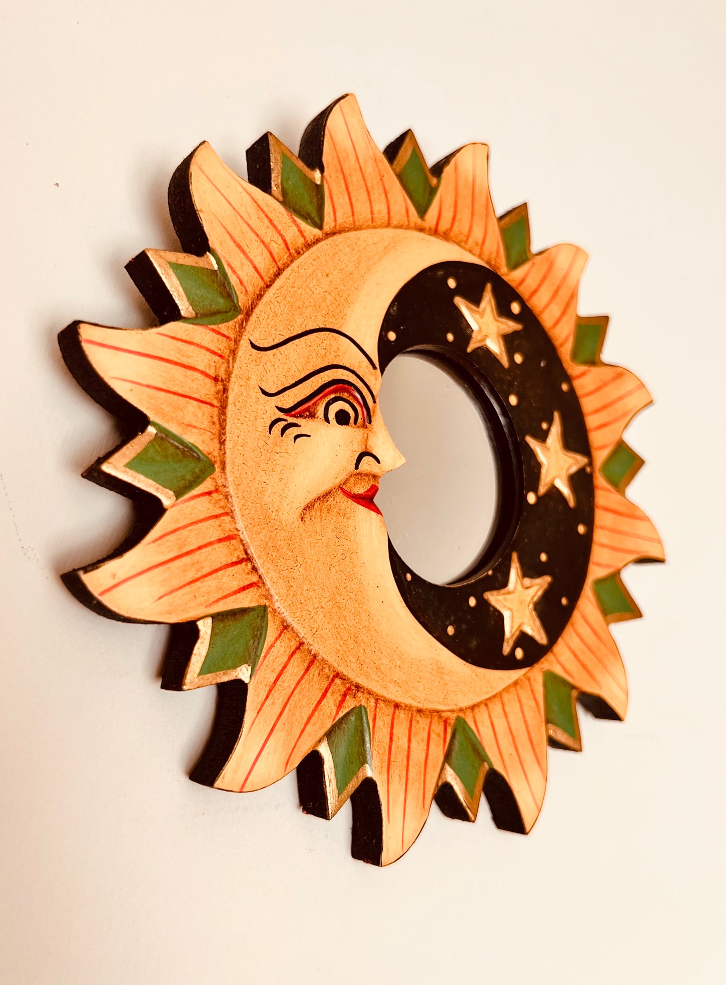 Mini sun crescent moon stars wooden round mirror hand painted handmade fair trade wall mounted mirror yellow gold & green painted hippie boho home decor mirror ethically soured sustainable home decor
